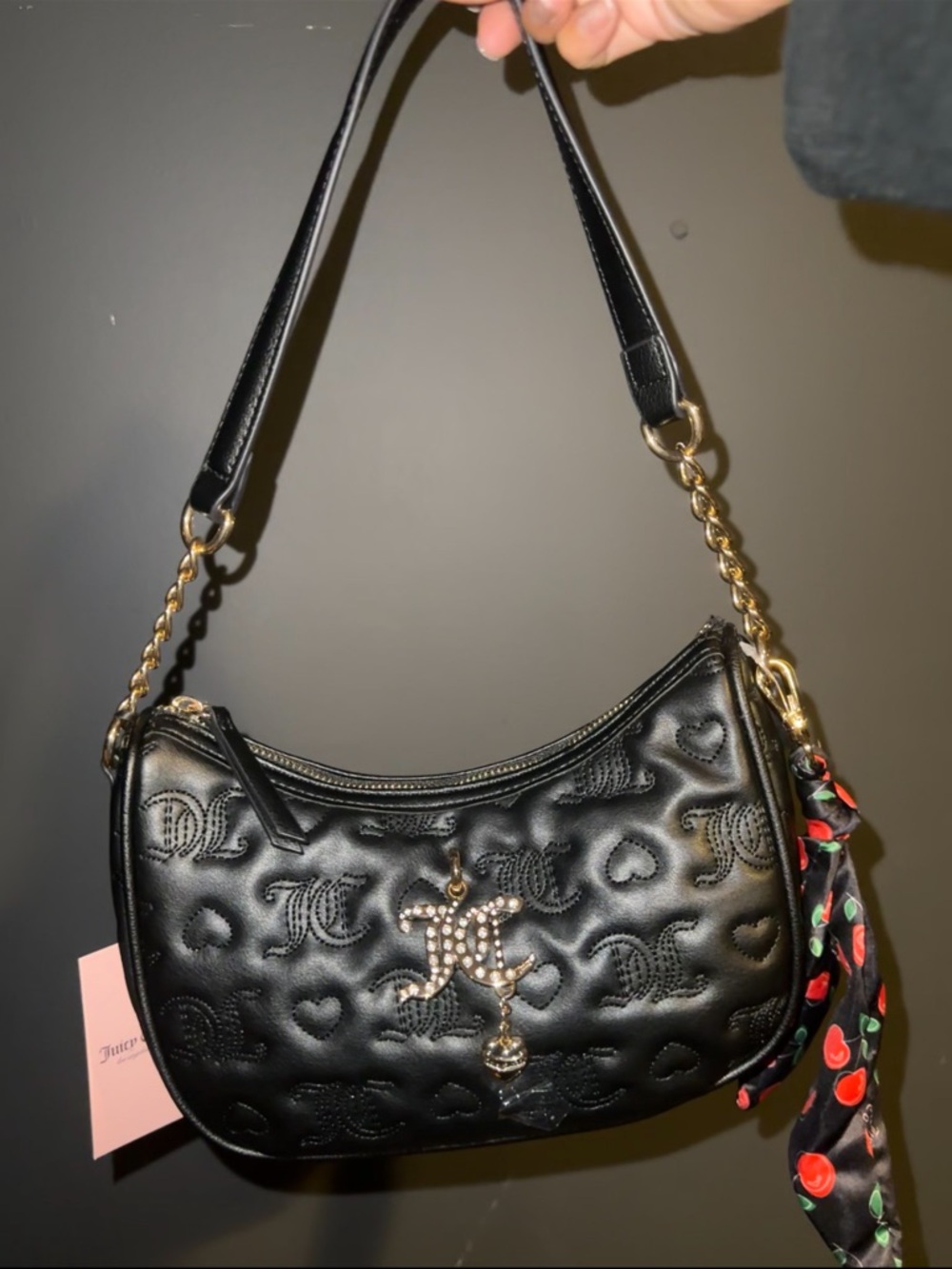 !!NEW!!Juicy Couture Black Quilted Heart Shoulder Bag with Gold Chain Accent